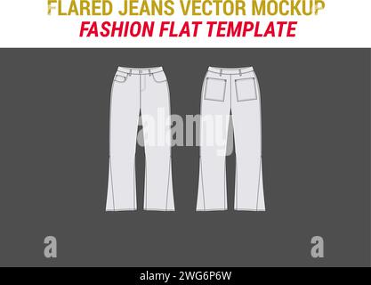 Ausgestellte Jeans Vektor Mockup Vorlage ausgestellte Jeans Mode flache technische Zeichnung Vintage Style Jeans Vektor ausgestellte Hose CAD Mockup Stock Vektor