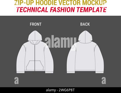 Zip Up Kapuze Sweatshirt Zip Sweatshirt flach Technische Zeichnung Illustration Streetwear Baggy Hoodie Mode Vector Mock-Up Vorlage Zip Up Hoodie flach Stock Vektor