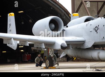 Ein Erdkampfflugzeug der US-amerikanischen Luftwaffe USAF vom Typ Fairchild-Republic A-10 Thunderbolt II auf der US-amerikanischen Luftwaffenbasis Spangdahlem in der Eifel. Das 81st Fighter Squadron wurde aufgelöst. Ein Erdkampfflugzeug der US-amerikanischen Luftwaffe USAF vom Typ Fairchild-Republic A-10 Thunderbolt II auf der US-amerikanischen Luftwaffenbasis Spangdahlem in der Eifel. Das 81st Fighter Squadron wurde aufgelöst. *** Eine Fairchild Republic Ein 10 Thunderbolt II Bodenangriffsflugzeug der US Air Force USAF auf dem US-Luftwaffenstützpunkt Spangdahlem in der Eifel die 81st Jagdgeschwader ist disb Stockfoto