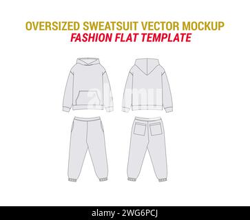 Oversized Sweatsuit Vektor Mockup Vektor Skizze von Hoodie Sweatpants Jogginghosen mit Taschen Trainingsanzug Mockup mit Pyjama Jogginghose Technische Zeichnung Stock Vektor