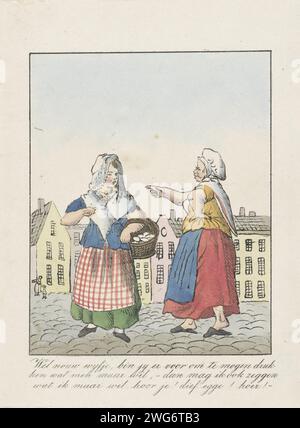 Freiheit des Drucks Presse- und Sprechens, 1828-1830, Anonym, 1828-1830 drucken zwei Frauen auf der Straße, unter dem Deckmantel der Meinungsfreiheit, eine übertrifft die andere. Teil einer Gruppe von vier Karikaturen über die belgischen Petitionen für die Freiheit der Bildung, die Druckerei und die Verantwortung der Minister, 1828-1830. Niederlande Papier verspottet, beleidigt, neckt. Verleumdung der südlichen Niederlande Stockfoto