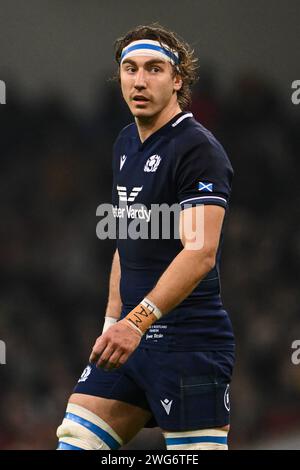 Jamie Ritchie aus Schottland während des Guinness 6 Nations Matches Wales gegen Schottland 2024 im Principality Stadium, Cardiff, Vereinigtes Königreich, 3. Februar 2024 (Foto: Craig Thomas/News Images) Stockfoto