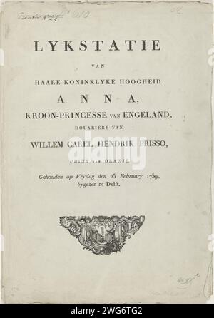Beschreibung der Leiche von Prinzessin Anna, 1759, 1759 Textblatteinband mit Titel mit gedruckten Seiten auf 27 die Beschreibung der Leiche. Unten in einer Druckervignette. Teil einer Serie von 16 Platten sowie eine gedruckte Beschreibung der Leiche der Prinzessin Anna van Hannover, die am 23. Januar 1759 in Delft beigesetzt wurde. Nord-Niederlande Papier Buchdruck Delft Stockfoto