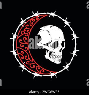 T-Shirt-Design eines Schädels, umgeben von Stacheldraht und rotem Halbmond auf schwarzem Hintergrund. Stock Vektor