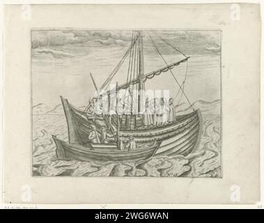 Das Treffen mit einem russischen Lodja, 1597, 1615 - 1617 drucken das Treffen mit einem russischen Lodja, 12. August 1597. Der Lastkahn befindet sich neben dem russischen Schiff, wo die Niederländer Lebensmittel kaufen und Informationen über ihren Kurs erhalten. Kopien der Originalabbildungen im Reisebericht der Reise von Willem Barendsz und Jacob van Heemskerck 1596-1597 und des Aufenthalts auf der Insel Nova Zembla, Nr. 28. Nordholland Papiergravur Exploration, Expedition, Entdeckungsreise. Landschaften in Polarregionen Neu-Zembla Stockfoto