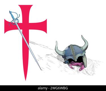 T-Shirt-Design mit einem großen mittelalterlichen Kreuz neben einem Schwert und einem gefallenen gehörnten Helm. Illustration zu Themen von Rittern, die irrtümlich sind. Stock Vektor