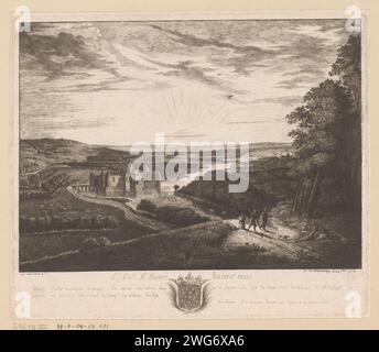 Flusslandschaft mit Schleuse und Reisenden, Antoine de Marcenay de Ghuy, nach Lucas van Uden, 1755 Druck, nummeriert unten: Nr. 10. Paris Papierätzung Fluss. Schloss Stockfoto