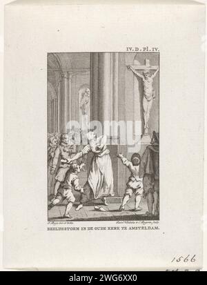 IMENTAL STURM IN DER ALTEN KIRCHE IN AMSTERDAM, 1566, 1780 - 1795 Print Schönheitssturm in der Oude Kerk in Amsterdam, 1566. Die Frau Weyn Ockers wirft ihren Hausschuh an ein Kruzifix. Niederlande Papierätzung Ikonoklasma Alte Kirche Stockfoto