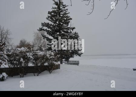 Winter wunderschöne Promenade mit Birken, Bäumen und weißem Schnee. Uferdamm entlang des Dnieper River in der Stadt Dnipro. Stockfoto