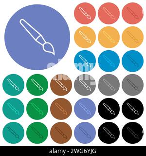 Mit einem Pinsel werden mehrfarbige flache Symbole auf runden Hintergründen umrissen. Inklusive weißer, heller und dunkler Symbolvarianten für Mover- und aktive Statuseffekte Stock Vektor