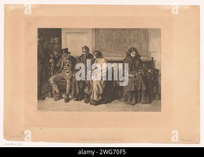 Sitzende Figuren im Wartezimmer eines Bahnhofs, Edmond Joseph Ramus, nach Francis Holl, 1879 Abdruck dort ist ein alter Mann auf einer langen Bank, ein Soldat mit einer Frau und eine junge Frau, die ihr Geld zählt. Hinter ihnen ein Fenster mit der Aufschrift „3. Klasse“. Warteraum für Papierätzung (Eisenbahn, Straßenbahn) Stockfoto