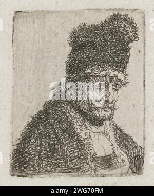 Alter Mann in Pelzmantel und hohem Hut, Rembrandt van Rijn, ca. 1629 Druck Fragment der Schnittplatte. Papierätzkopf: Kappe (+ Herrenkleidung) Stockfoto