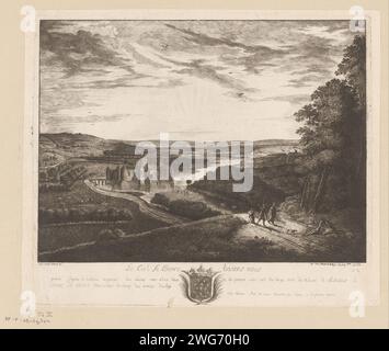 Flusslandschaft mit Schleuse und Reisenden, Antoine de Marcenay de Ghuy, nach Lucas van Uden, 1755 Druck, nummeriert unten: Nr. 10. Paris Papierätzung Fluss. Schloss Stockfoto