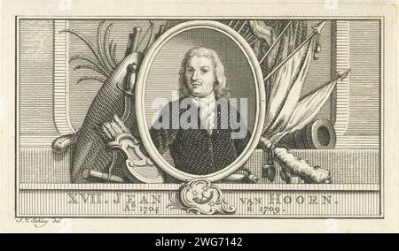 Porträt von Joan van Hoorn, Jacob van der Schley, 1763 Porträt von Joan van Hoorn, Generalgouverneur der ehemaligen Niederländisch-Indien von 1704 bis 1709. Neben dem Porträt eine Fledermaus, Kanone, Fahnen und ein Pfeilhalter mit Pfeilen. Druckerei: Amsterdampublisher: Die Haager Papier-Ätz-/Gravurwaffen Stockfoto