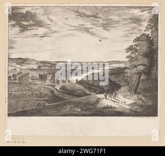 Flusslandschaft mit Schleuse und Reisenden, Antoine de Marcenay de Ghuy, nach Lucas van Uden, 1755 Druckpapier ätzend Fluss. Schloss Stockfoto