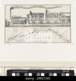 Plan für eine Bahnstrecke zwischen Amsterdam und Köln, 1834, 1834 Drucken Plan für den Bau einer Bahnstrecke zwischen Amsterdam und Köln durch Oberstleutnant William Archibald Bake (mit A. Willink und D. Borski), 21. August 1834. Oben auf dem Bild einer primitiven Dampflokomotive mit zwei Personenwagen und einem Viehwagen. Darunter eine Fahrkarte des Verlaufs der geplanten Bahnstrecke. Diese Kopie ohne die entsprechenden Texte. Niederlande Papierbahn, Zug (+ Antrieb von Fahrzeug, Schiff usw. durch Dampf) Amsterdam. Köln Stockfoto