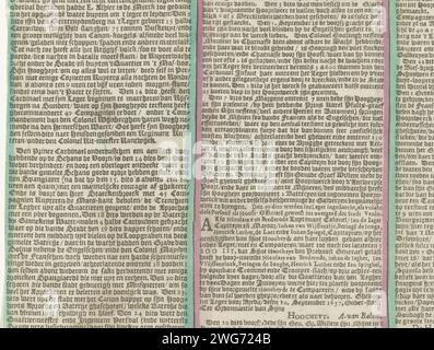 Textblatt zur Karte der Belagerung von Breda (rechte Hälfte), 1637, 1637 Textblatt zur Karte der Belagerung von Breda durch die Landesarmee unter Friedrich Hendrick, 23. Juli bis 10. Oktober 1637. Tekstblad (rechte Hälfte) mit einer Beschreibung der Ereignisse in 3 langen Spalten. Amsterdam Papier Buchdruck Breda Stockfoto