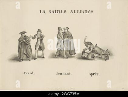 Cartoon über die Allianz zwischen der römischen klerikalen Partei und der liberalen Partei gegen die niederländische Regierung, 1828, Unknown, 1828 Zeichnen Cartoon in der Allianz geschlossen in den südlichen Niederlanden zwischen der römischen klerikalen Partei und der liberalen Partei gegen die niederländische Regierung, 23. Juli 1828. Drei Darbietungen von zwei Persönlichkeiten, Vertreter der beiden Parteien. Links „Avant“ als Feinde, zentraler „Anhänger“ als Freunde und rechts „Après“, die sich gegenseitig über den Boden Rollen. Südholländische Papierkorb / Pinsel politische Parteien. Faustkampf. Legen Sie die Hand auf die Schultern einer anderen Person Stockfoto