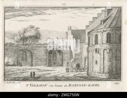 Sint Maartenskapel in Nijmegen, Abraham Rademaker, 1727 – 1733 Print Ansicht der Sint Maartenskapel, auch bekannt als Barbarossa Ruine, vom Valkhof in Nijmegen, in der Situation um 1670. Amsterdamer Papierätzteile im Kircheninnenraum: Kapelle Valkhof Stockfoto