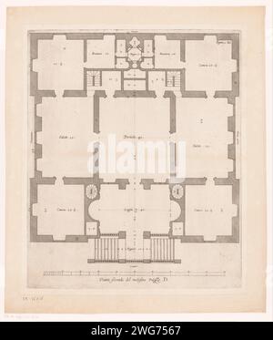 Karte des Erdgeschosses der Villa Grimaldi in Genua, Nicolaes Ryckmans, 1622 Druck mit italienischer Erklärung. Antwerpen Papier Gravur Plan  Architektur. Hôtel, d.h. kleiner Palast in der Stadt - AA - Bürgerarchitektur: In der Villa Grimaldi Stockfoto