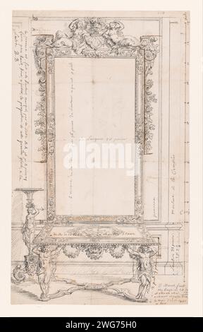 Entwurf für einen Spiegel mit Penanttafel und Guéridons, Daniël Marot (I), Zeichenpapier 1700. Kreide. Tintenstiftmöbel zum Anziehen. Tabelle. Spiegeln Stockfoto