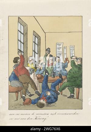 Freiheit der Ministerialverantwortung, 1828-1830, Anonym, 1828 - 1830 Drucke trinkende Männer in einem gasthaus, einer ist betrunken auf dem Boden. Teil einer Gruppe von vier Karikaturen über die belgischen Petitionen für die Freiheit der Bildung, die Druckerei und die Verantwortung der Minister, 1828-1830. Niederlande Papiertrunkenheit. gasthof, Kaffeehaus, Gasthaus usw. Süd-Niederlande Stockfoto