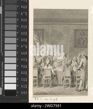 Wilhelm V. sitzt erstmals im Staatsrat (1763), Jacobus Buys (1795–1797). Stadholder Willem V., Prinz von Orange, nimmt am 9. März 1763 erstmals seinen Sitz im Staatsrat ein. Design für einen Druck. Nordholland Papier historische Personen. Historische Ereignisse und Situationen. Namen von Organisationen, Unternehmen, Gewerkschaften usw. Den Haag Stockfoto