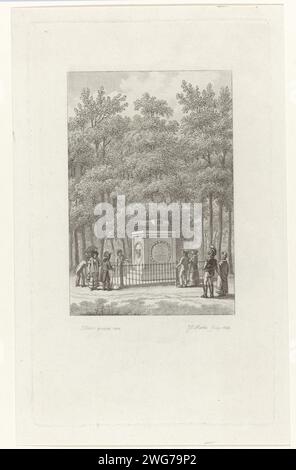 Gedenkstein für Coster zum 400-jährigen Jubiläum Erfindung Buchdruck, 1823, Jacob Ernst Marcus, nach Johannes Reekers (I), 1824 Print Denkmal für Coster gegründet im Haarlemmerhout anlässlich des 400-jährigen Jubiläums am 10-11. Juli 1823 der Erfindung des Buchdrucks durch Laurens Jansz. Coster 1423 in Haarlem. Niederlande Papier Gravur Denkmal, Statue Haarlemhout Stockfoto