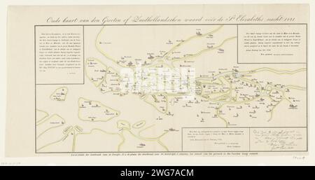 Alte Karte von Zuid-Hollandsche Waard vor der Sint Elisabeth Flut von 1421, 1800 - 1899 Druck Alte Karte von Zuid-Hollandsche Waard vor der Sint Elisabeth Flut vom 19. November 1421. In den Niederlanden gedruckte Karten von verschiedenen Ländern oder Regionen. Überschwemmung Süd-Holland Stockfoto