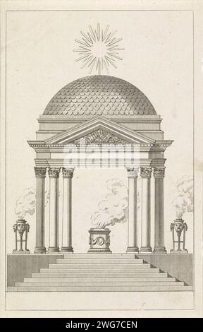 Erepoort auf dem Haarlemmerpoort, 1816, Antoni Zürcher, 1816–1817 Druck Erpoort in Form eines Tempels mit Kuppel und sechs Säulen, mit strahlender Sonne auf der Spitze. Gegründet am Haarlemmerpoort. Auf dem Druck ein Textfragment mit einer Beschreibung der Dekoration. Illustrationen der Dekorationen, die während des Besuchs des Prinzen und der Prinzessin von Orange in Amsterdam am 19. September 1816 erstellt wurden. Niederlande Papierätzung / Gravur Triumphbogen. Öffentliche Feierlichkeiten anlässlich königlicher Veranstaltungen (+ dekoriertes Personal, tragbare Struktur  festliche Aktivitäten) Amsterdam. Haarlemmerpoort Stockfoto