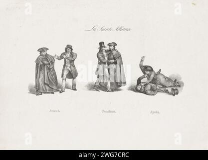 Cartoon on the Alliance Closed between the Roman clerical Party and the liberal Party against the Dutch Government, 1828, Anonym, 1828 print Cartoon in the Alliance Closed in the Southern Netherlands between the Roman clerical Party and the liberal Party against the Dutch Government, 23. Juli 1828. Drei Darbietungen von zwei Persönlichkeiten, Vertreter der beiden Parteien. Links „Avant“ als Feinde, zentraler „Anhänger“ als Freunde und rechts „Après“, die sich gegenseitig über den Boden Rollen. Politische Parteien im Süden der Niederlande. Faustkampf. Die Hand auf die Schulter einer anderen Person legen Southern Stockfoto