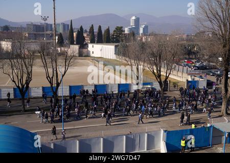 Brescia, Italien. Februar 2024. Protest der Anhänger von Brescia Calcio gegen den Präsidenten Massimo Cellino während Brescia Calcio vs AS Cittadella, italienisches Fußball-Spiel der Serie B in Brescia, Italien, 03. Februar 2024 Credit: Independent Photo Agency/Alamy Live News Stockfoto