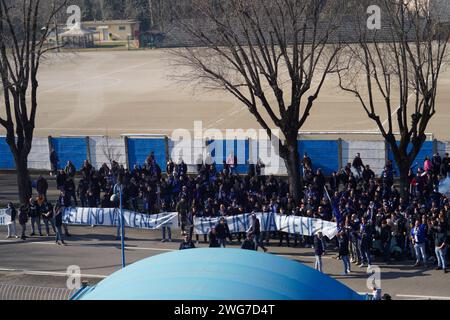 Brescia, Italien. Februar 2024. Protest der Anhänger von Brescia Calcio gegen den Präsidenten Massimo Cellino während Brescia Calcio vs AS Cittadella, italienisches Fußball-Spiel der Serie B in Brescia, Italien, 03. Februar 2024 Credit: Independent Photo Agency/Alamy Live News Stockfoto