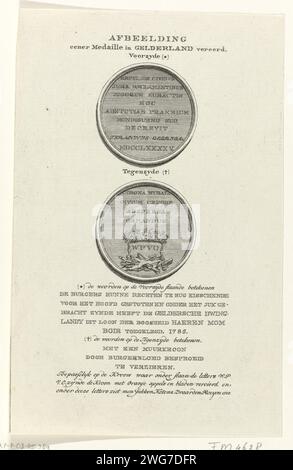 Menning über die Anerkennung der Vertreter des Burgerkorpsen Gelderlandes, 1785, Anonym, 1785 Druckschrift Penning über die Anerkennung der Vertreter des Burgerkorpsen in Gelderland, 1785. Auf der Vorder- und Rückseite der Medaille mit einer Inschrift. Nordholländische Papier-Ätz-/Gravurmedaille (gilt als Skulptur, unabhängig von seiner spezifischen Funktion) Gelderland Stockfoto