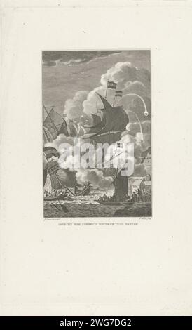 Cornelis de Houtman im Kampf vor Bantam, 1596, 1823 – 1829 Druckschiffe der Flotte von Cornelis de Houtman im Kampf vor Bantam, Juli 1596. Kanonen fliegen durch die Luft, im Vordergrund Männer in Schlangen. Niederlande Papierätzkampf (+ Marinestreitkräfte) Bantam Stockfoto