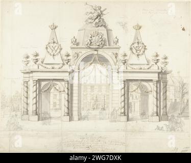 Erepoort auf dem Buitenhof für die Einreise von Willem V und Wilhelmina van Pruisen, 1767, Dirk van der AA, 1768 Zeichnung des Erpoorts, der am 9. November 1767 auf dem Buitenhof für den Eintritt des frisch verheirateten Stadthalters Willem V. und seiner Frau Prinzessin Wilhelmina van Pruisen in den Haag gegründet wurde. Design für einen Druck. Nord-Niederlande-Papiertriumphbogen. Historische Personen. Historische Ereignisse und Situationen Buitenhof. Den Haag Stockfoto
