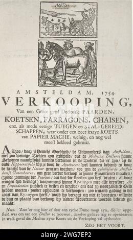 Cartoon on the deponierte Overleash of the Surgeon Gild in Amsterdam, 1754, 1754 print Cartoon on the Surgery Gild in Amsterdam 1754 in Form einer Werbung, in der das Vermögen der Chirurgen zum Verkauf angeboten wird. Zwei Aufführungen mit einem Triumphwagen über Hollandt und unter einem Pferdemarkt. Mit Text auf dem Magazin unter den Aufführungen. Nord-Niederlande Papier Buchdruck Arzt, Arzt. Pferd. Anzeige, Hinweis Amsterdam Stockfoto