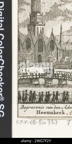 Beerdigung von Jacob van Heemskerck in der Oude Kerk in Amsterdam, 1607, 1722 - 1784 gedruckte Beerdigung von Jacob van Heemskerck in der Oude Kerk in Amsterdam, 8. Juni 1607. Die Trauerprozession führt entlang des Kanals zum Oude Kerk. Nord-Niederlande Papier-Grabbeige, Begräbniszug Alte Kirche Stockfoto