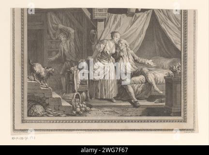 Schlafzimmer mit Ehepaar und heimlich abreisender Geliebter, Charles Emmanuel Patas, nach Jean Jacques Francois Le Barbier, 1763 - 1817 Druckpapiergravur / Gravur Abscheiden, Abschied (von Liebenden). Partner betrogen Stockfoto