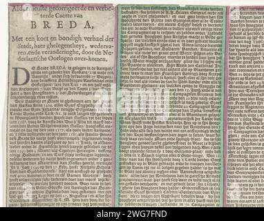 Textblatt zur Karte der Belagerung von Breda (linke Hälfte), 1637, 1637 Textblatt zur Karte der Belagerung von Breda durch die staatliche Armee unter Friedrich Hendrick, 23. Juli bis 10. Oktober 1637. Tekstblad (linke Hälfte) mit einer Beschreibung der Ereignisse in 3 langen Spalten. Amsterdam Papier Buchdruck Breda Stockfoto