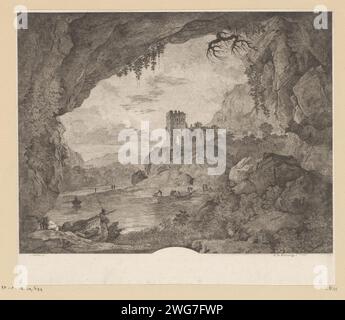 Flusslandschaft im Mondlicht, gesehen von einer Höhle, Antoine de Marcenay de Ghuy, nach Claude Joseph Vernet, 1756 Druckpapier, das Vollmond graviert. Höhle, Grotte. fischer Stockfoto