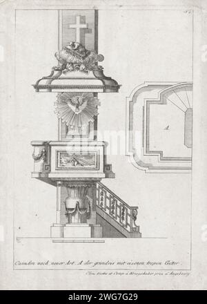 Kanzel mit dem Lamm und das Buch mit den sieben Briefmarken, 1790 Druck Vorderansicht und Karte einer Kanzel mit eisernen Treppen. Die Wanne der Kanzel ist mit einem Bild von Christus verziert, der das Kreuz trägt. Darüber befindet sich ein Bild des Heiligen Geistes in Form einer Taube in einem Düsenkranz. Die Kanzel wird mit einem mit einem Kreuz verzierten Resonanzbrett und dem Lamm auf dem Buch mit den sieben Briefmarken geschlossen. Ein deutscher Text am unteren Rand. Kriegerpapier, Gravur Kanzel, Ambo, Chor. Tragen des Kreuzes: Christus trägt das Kreuz, allein oder mit Hilfe anderer (z.B. Simon der Kyrenier). Heiliger Ghos Stockfoto