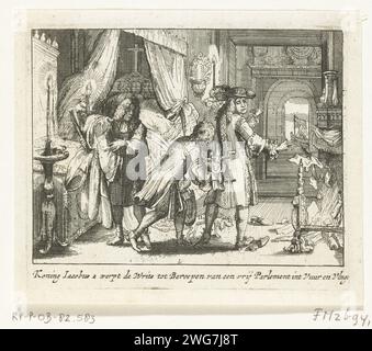 Jacobus II. Wirft die Vorschläge für ein freies parlament in Feuer und Flug, 1688, 1689 Druck der englische König Jacobus II. Wirft die Vorschläge für ein faires parlament in Feuer und Flug, 20. Dezember 1688. Nordholländische Papierätzung Flucht des Herrschers vor dem Gegner Stockfoto
