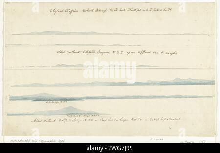 Profile von Inseln auf der Reise von Ceylon nach Batavia, Pieter de Bevere, Zeichenpapier von 1757. Tinte. Graphitstift / Pinsel Insel Nassau. Sumatra. Java. Krakatau. Indonesien Stockfoto