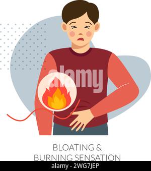Person mit Blähungen und Brennen im Magen – Stock Illustrationas EPS 10 Datei Stock Vektor