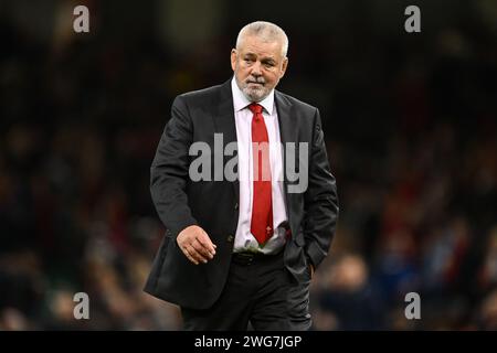 Warren Gatland Head Coach of Wales während des Guinness 6 Nations Matches Wales gegen Schottland 2024 im Principality Stadium, Cardiff, Vereinigtes Königreich, 3. Februar 2024 (Foto: Craig Thomas/News Images) Stockfoto