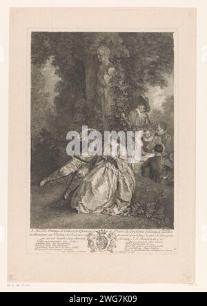 Harlekijn macht eine Frau in einem Garten, Simon Henri Thomassin, nach Jean Antoine Watteau, 1725 Druckpapierätztypen in „Commedia dell'arte“: Harlequin Stockfoto