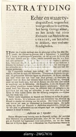 Nachricht über die Beschuss von Hattem, 1786, Jan Verlem, 1786 Textblatt Patriots Nachricht vom 7. September über die Beschuss von Hattem durch die Statthaltertruppen am 5. September 1786. Beidseitig bedruckte Klinge. Amsterdam Papier Buchdruck Hattem Stockfoto