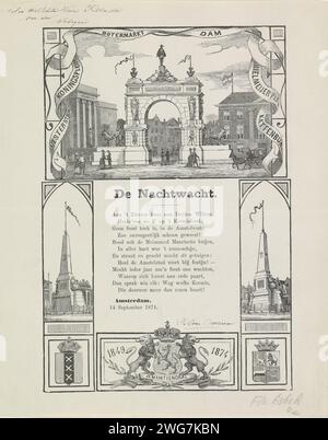 KermisStrent von der Amsterdam Night Watch for the Year 1874, Anonym, 1874 Print KermisStrent von der Amsterdam Night Watch, 14. September 1874. Zentral ein Gedicht, das in der Stadt anlässlich des silbernen Regierungsjubiläums von König Wilhelm III. Verziert wurde Oben auf einem Ehrentor am Damplatz, einschließlich einiger anderer Denkmäler. Amsterdam Papier Buchdruck Triumphbogen Amsterdam. Dam Stockfoto