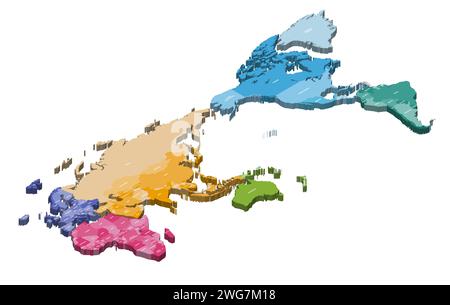 Weltkarte mit Schwerpunkt auf der Region des Pazifischen Ozeans. Abbildung des isometrischen 3D-Vektors Stock Vektor